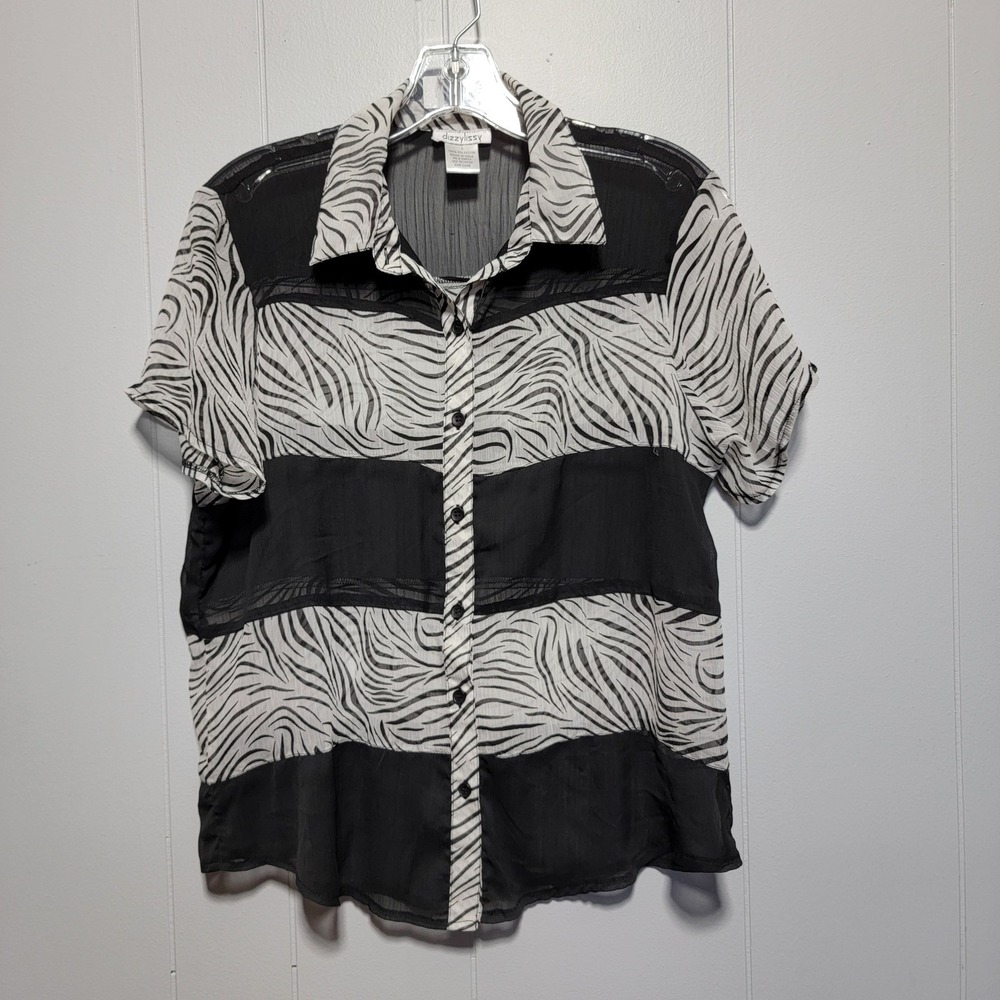 dizzy lizzy Womens Sheer‎ Zebra Stripe Button Up Shirt Blouse Top L
